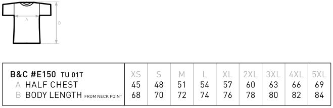 Konfektionsgrößen vom T-Shirt BC TU01T E150. Halbe Brustweite und Länge von Schulter zum Bund